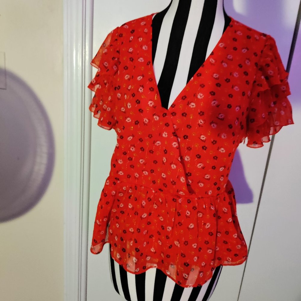 Madewell Red Floral Ruffle Sleeve Blouse